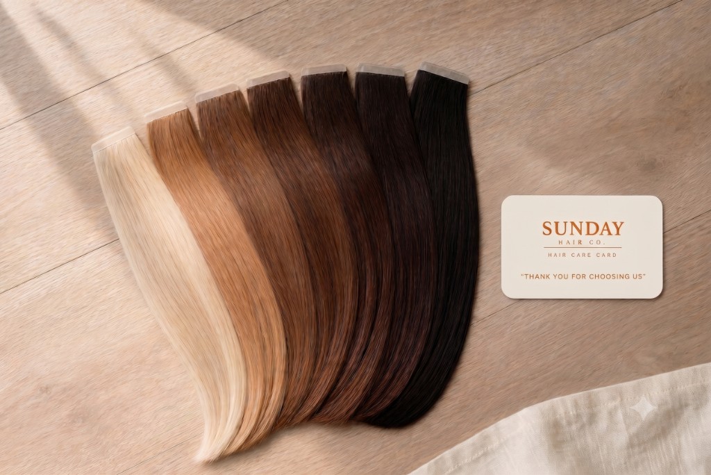 SUNDAY tape-in hair extension swatches from blonde to black with a branded hair care card on a wooden surface