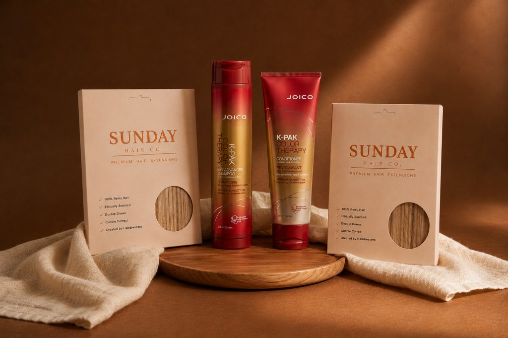 SUNDAY premium hair extension boxes with Joico K-Pak Color Therapy shampoo and conditioner on a wooden tray