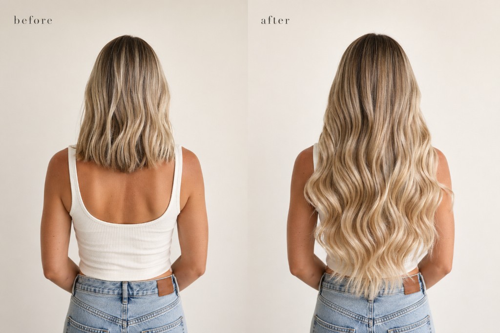 Before and after: balayage hair, shoulder length to long soft waves.
