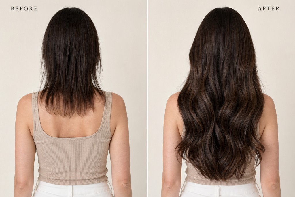 Before and after: brunette hair with more length and volume.